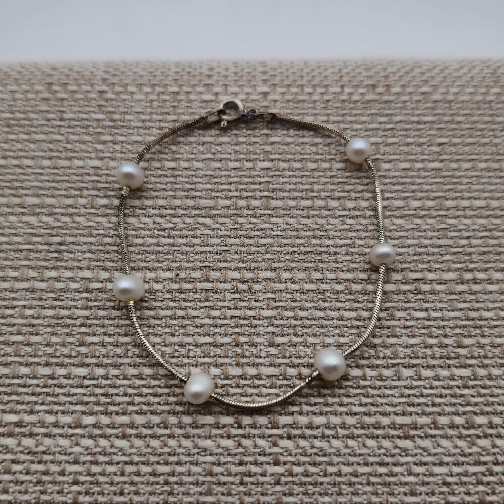 7 Inch Sterling Silver Genuine Pearls Tarnished Chain Bracelet A3428